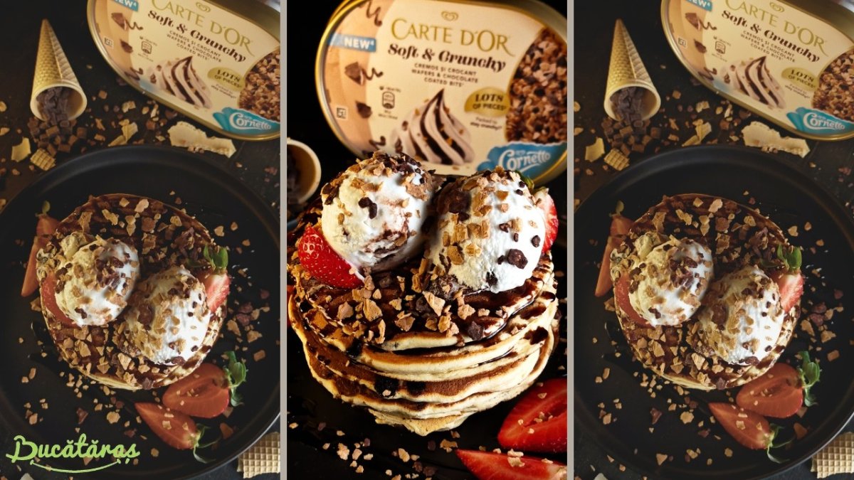 Clătite americane cu fructe, înghețată și topping crunchy