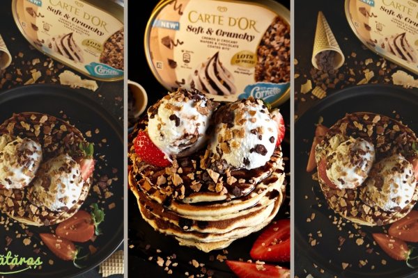 Clătite americane cu fructe, înghețată și topping crunchy