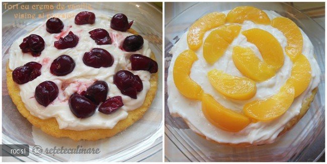 Tort cu crema de vanilie, visine si piersici