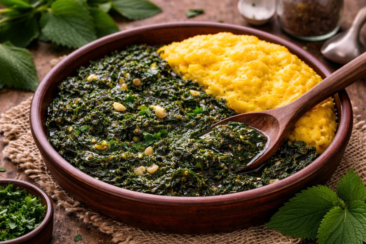 Urzici scazute cu usturoi si mamaliga  - mancare traditionala de primavara