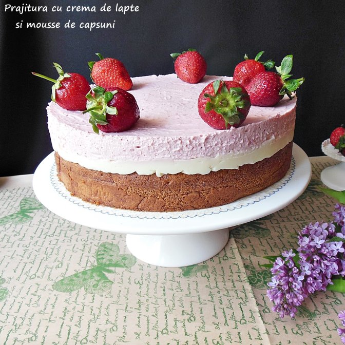 Prajitura cu crema de lapte si mousse de capsuni