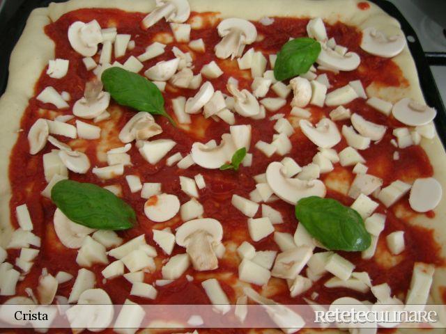 Pizza cu Mozzarella, Rosii (suc), Ciuperci si Busuioc