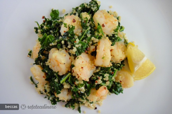 Creveti cu Quinoa, Frunze Furajere si Branza de Capra