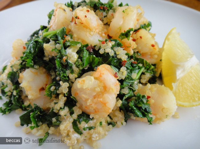 Creveti cu Quinoa, Frunze Furajere si Branza de Capra