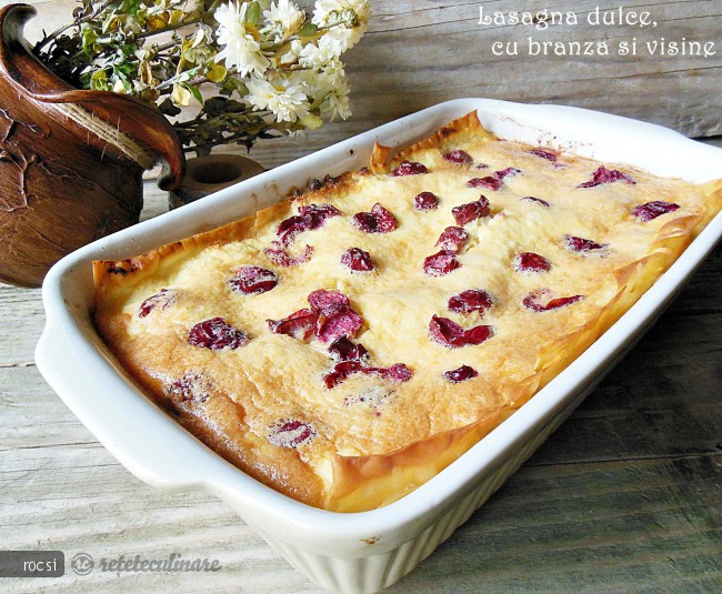 Lasagna dulce, cu branza si visine