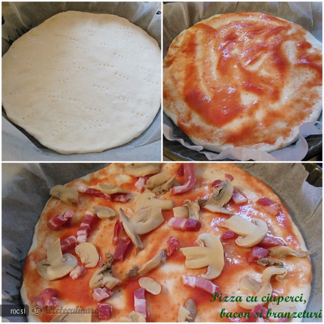 Pizza cu ciuperci, bacon si branzeturi