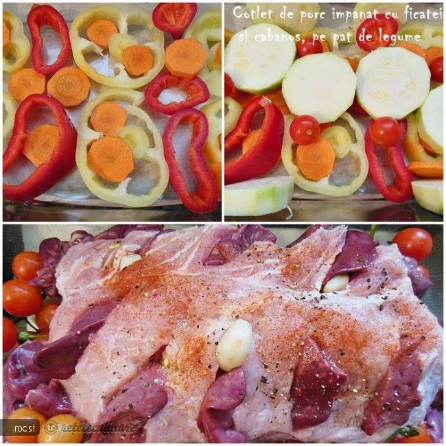 Cotlet de porc impanat cu ficatei si cabanos, pe pat de legume