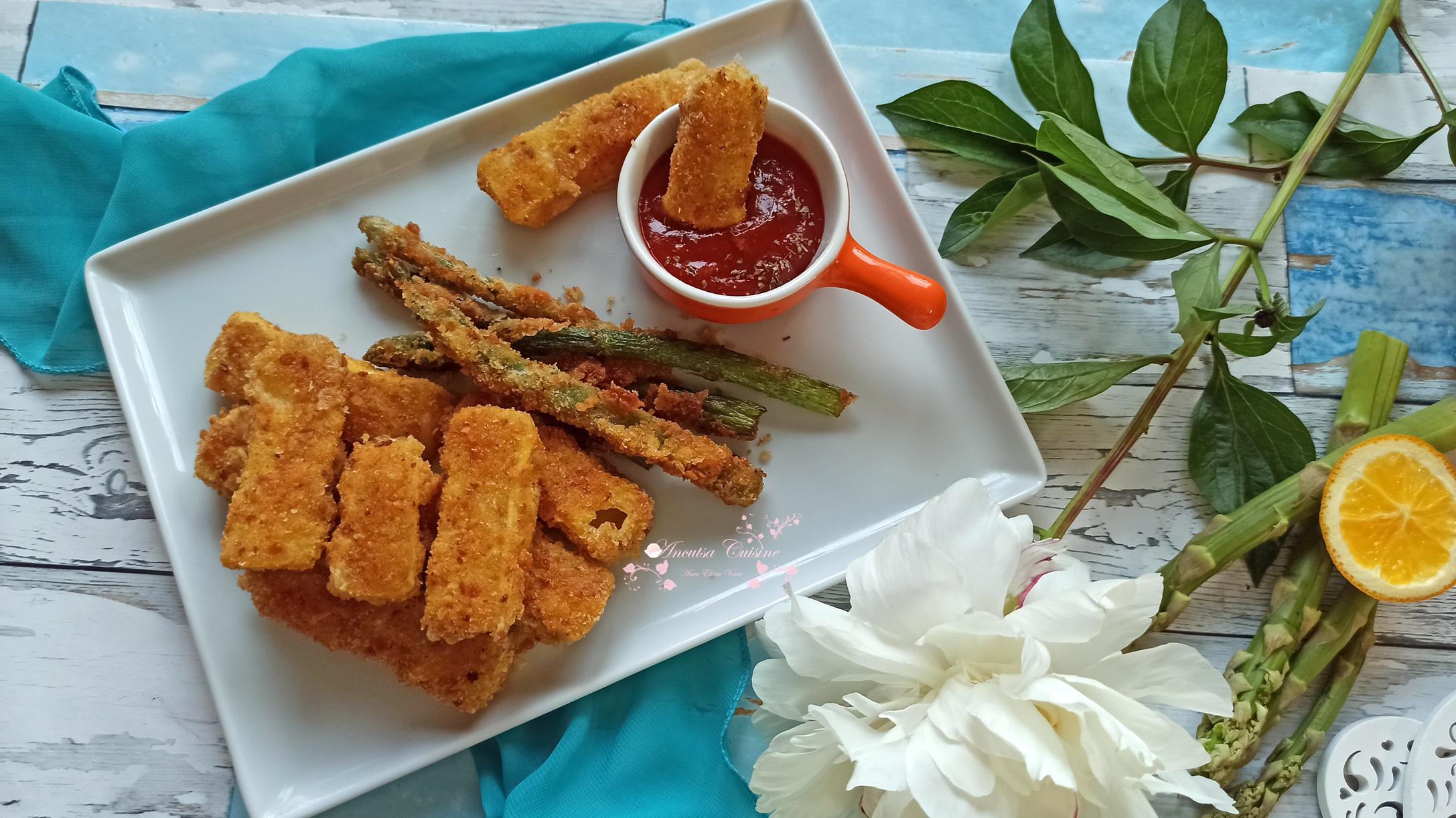 Gustare cu batoane de camembert si sparanghel pane