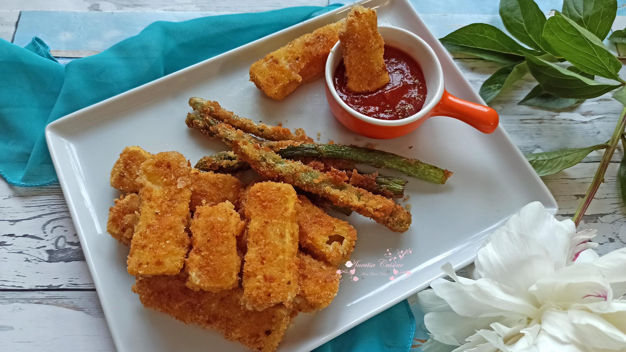 Gustare cu batoane de camembert si sparanghel pane