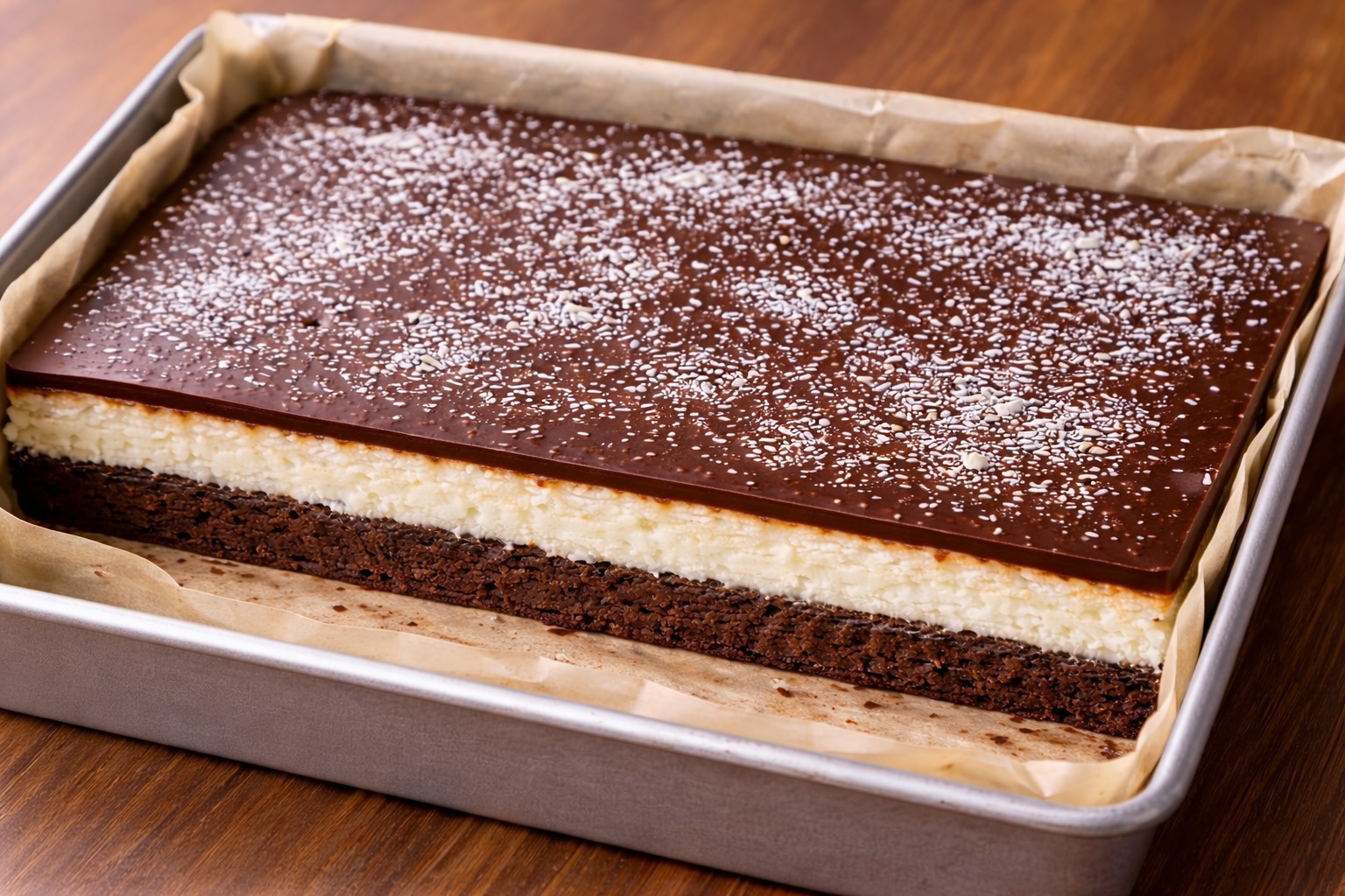 Prajitura Bounty cu trei straturi: cacao, cocos si ciocolata