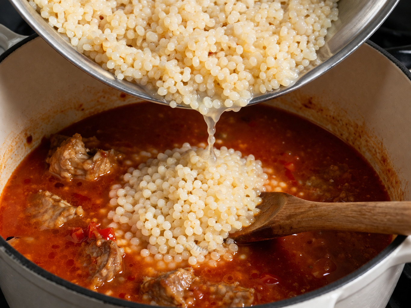 Cus-cus cu pipote în sos de roșii – rețetă sățioasă și aromată