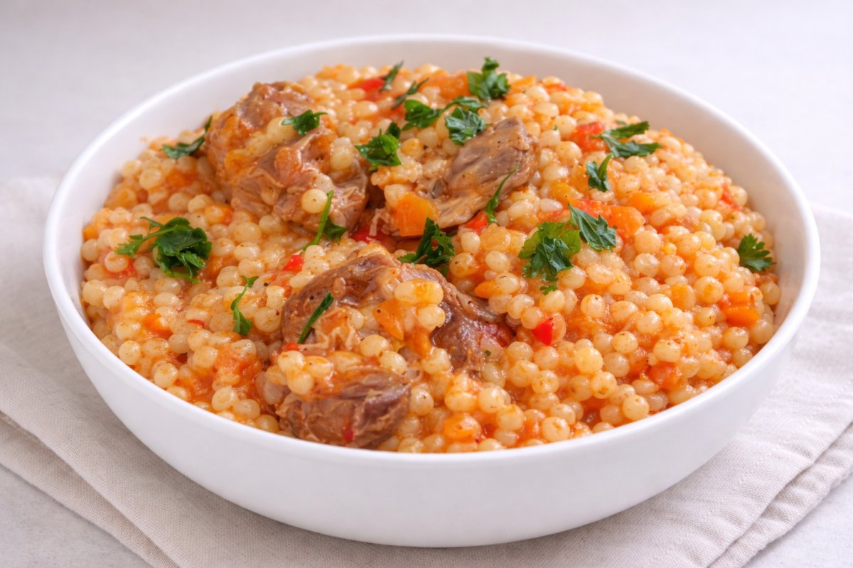 Cus-cus cu pipote în sos de roșii – rețetă sățioasă și aromată
